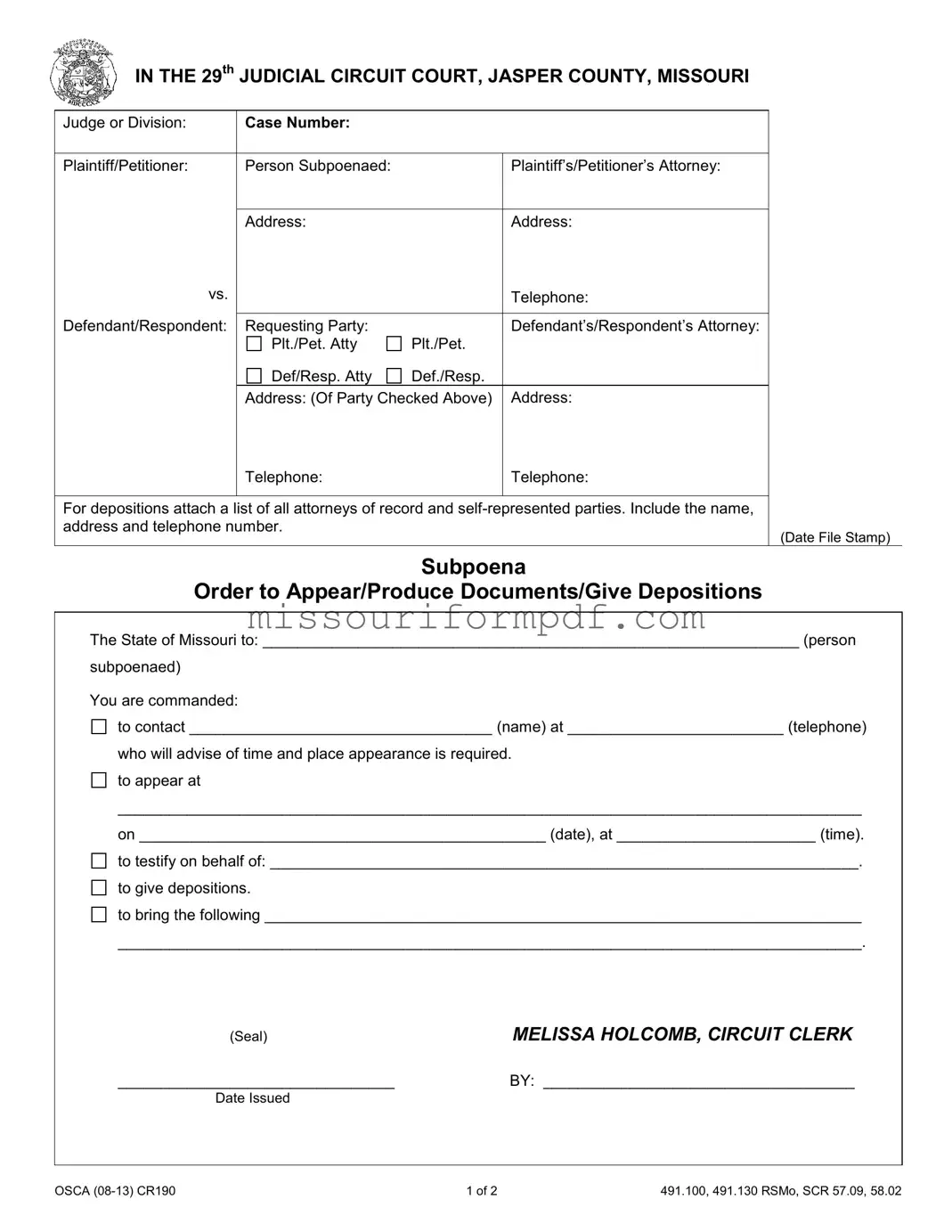Blank Missouri Subpoena Template