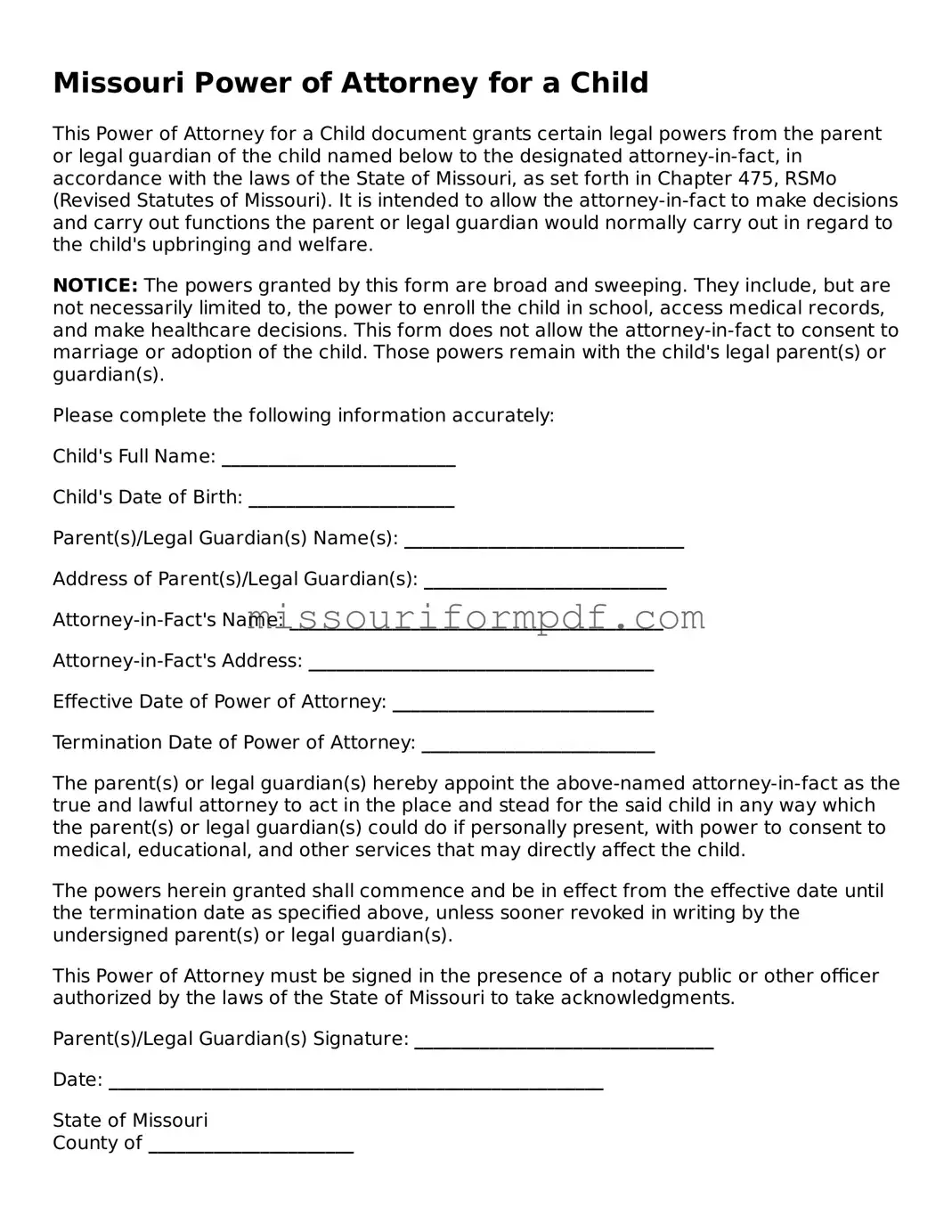 Printable Power of Attorney for a Child Template for Missouri State