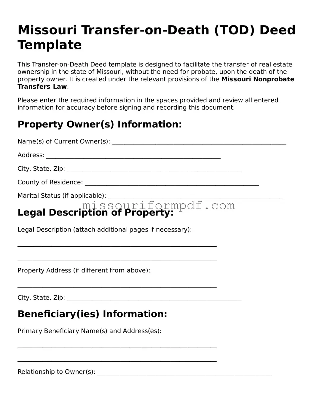 Printable Transfer-on-Death Deed Template for Missouri State