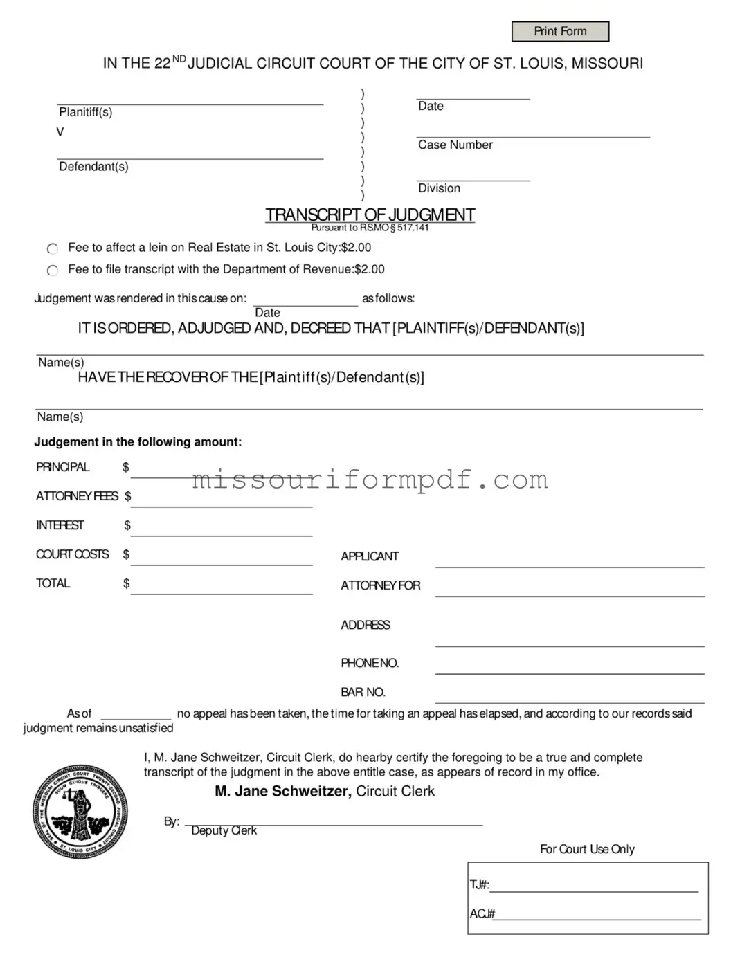 Blank Missouri Transcript Of Judgment Template