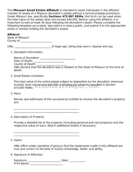Printable Small Estate Affidavit Template for Missouri State
