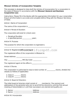 Printable Articles of Incorporation Template for Missouri State