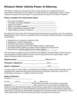 Printable Motor Vehicle Power of Attorney Template for Missouri State