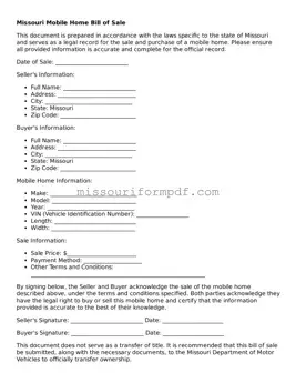 Printable Mobile Home Bill of Sale Template for Missouri State