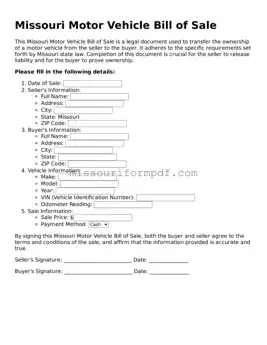 Printable Motor Vehicle Bill of Sale Template for Missouri State