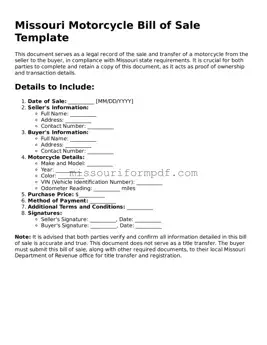 Printable Motorcycle Bill of Sale Template for Missouri State