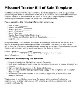 Printable Tractor Bill of Sale Template for Missouri State