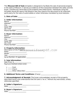 Printable Bill of Sale Template for Missouri State