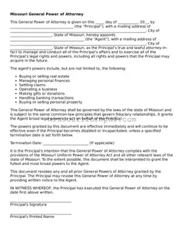 Printable General Power of Attorney Template for Missouri State