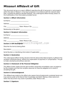 Printable Affidavit of Gift Template for Missouri State
