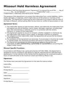Printable Hold Harmless Agreement Template for Missouri State