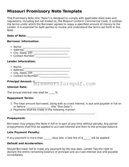 Printable Promissory Note Template for Missouri State