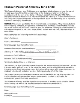Printable Power of Attorney for a Child Template for Missouri State